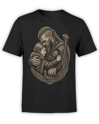Vintage Viking warrior embracing a child beside an ornate longship on a black T-shirt