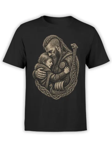 Vintage Viking warrior embracing a child beside an ornate longship on a black T-shirt