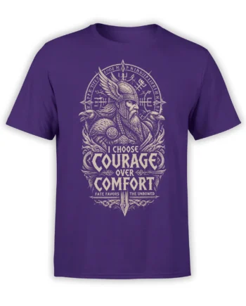 Purple warrior T-shirt with winged helmet, ravens, runes, sword, and courage over comfort message