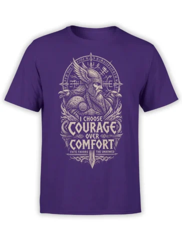Purple warrior T-shirt with winged helmet, ravens, runes, sword, and courage over comfort message