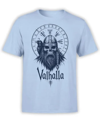 Light blue Viking T-shirt with a skull warrior, raven, rune circle, and Valhalla lettering