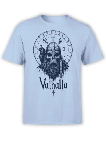 Light blue Viking T-shirt with a skull warrior, raven, rune circle, and Valhalla lettering
