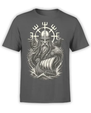 Gray Viking T-shirt with a helmeted warrior, two ravens, runic symbols, and a detailed longship