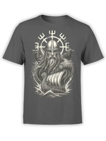 Gray Viking T-shirt with a helmeted warrior, two ravens, runic symbols, and a detailed longship