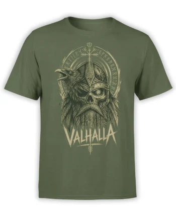 Olive green Valhalla T-shirt with a raven, helmeted skull, runic symbols, and distressed cream artwork