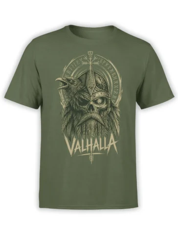 Olive green Valhalla T-shirt with a raven, helmeted skull, runic symbols, and distressed cream artwork