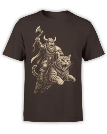 Fierce tabby cat warrior with a Viking and raised axe on a brown cat graphic T-shirt