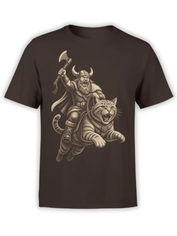 Fierce tabby cat warrior with a Viking and raised axe on a brown cat graphic T-shirt