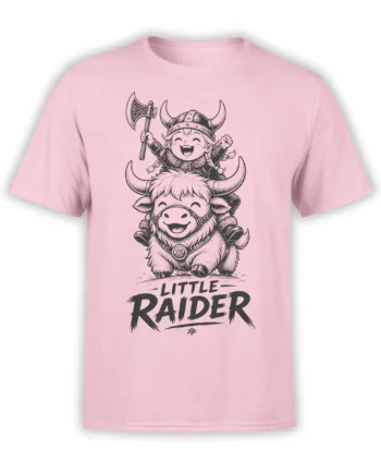 Pink T-shirt with a cheerful little Viking raider holding an axe while riding a smiling horned bovine