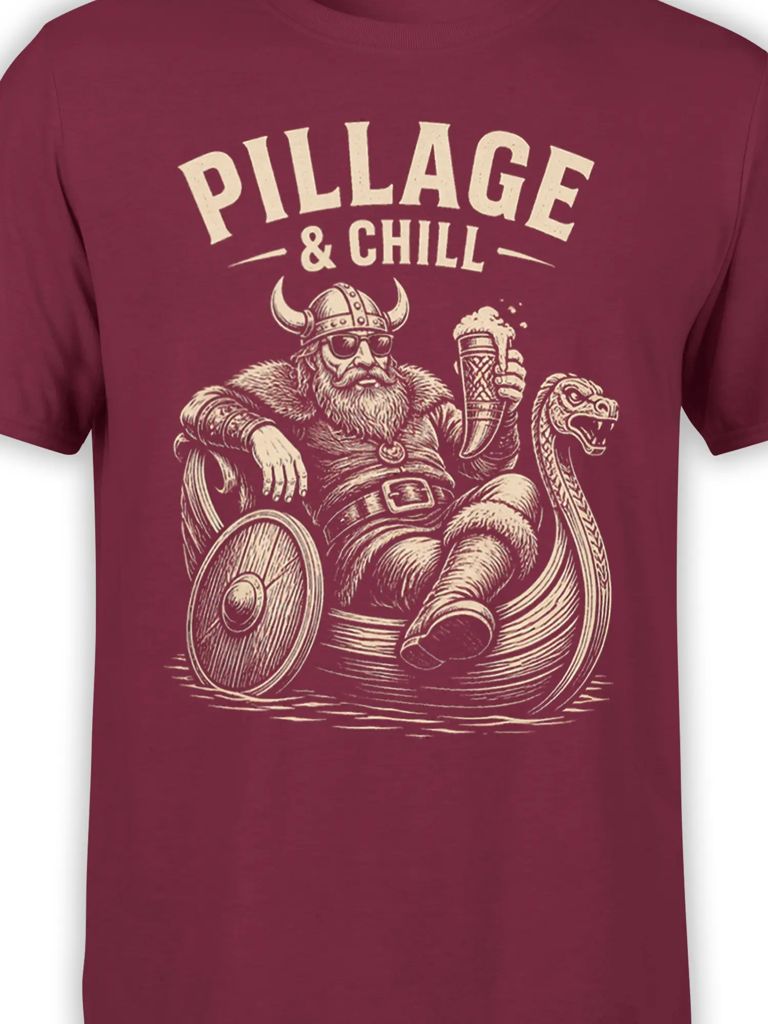 Close-up of the burgundy Viking shirt design with cream line art, foaming drink, serpent, shield, and slogan