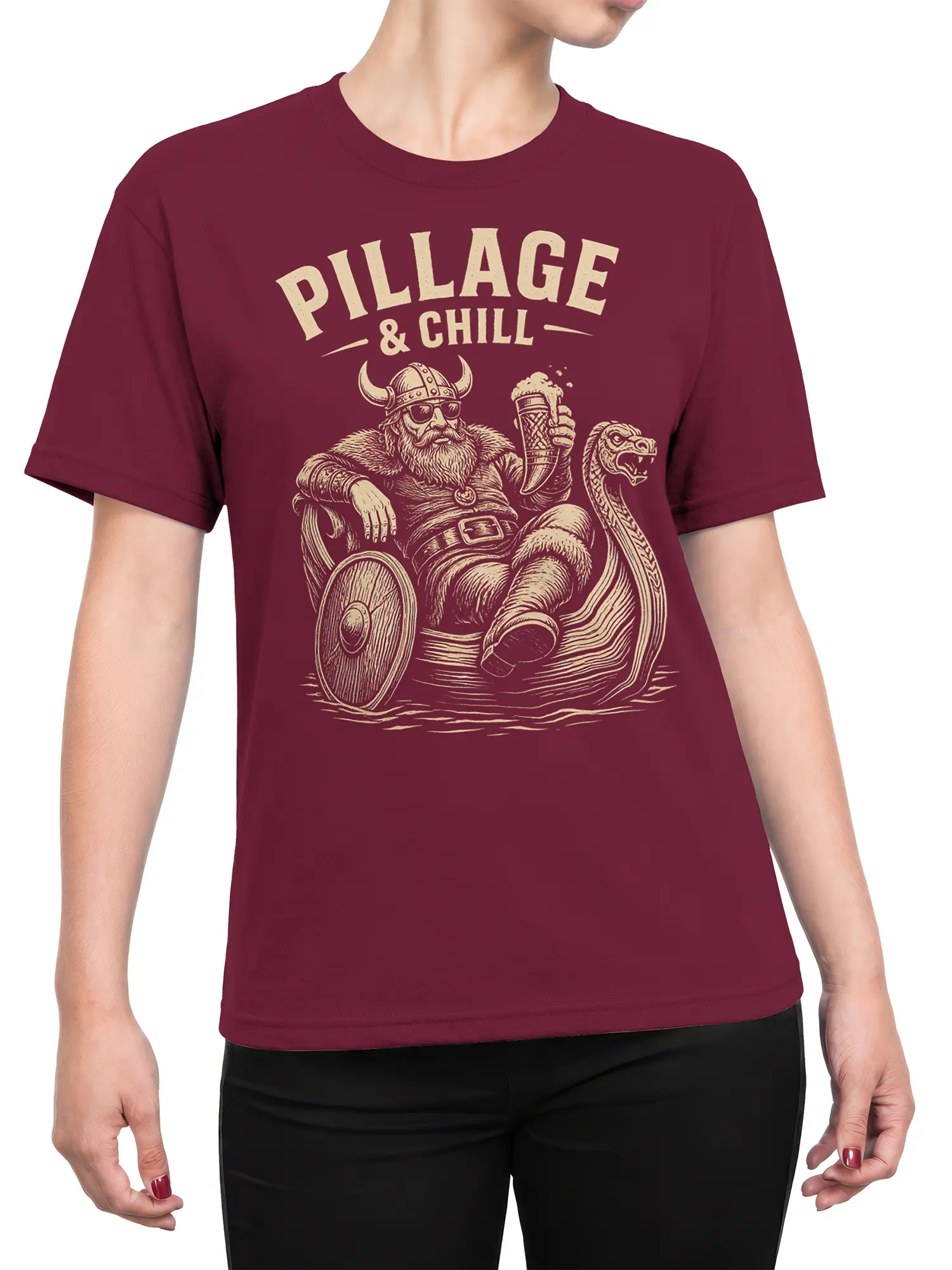 Female torso wearing a burgundy Viking T-shirt with a relaxed horned-helmet warrior and Pillage & Chill design
