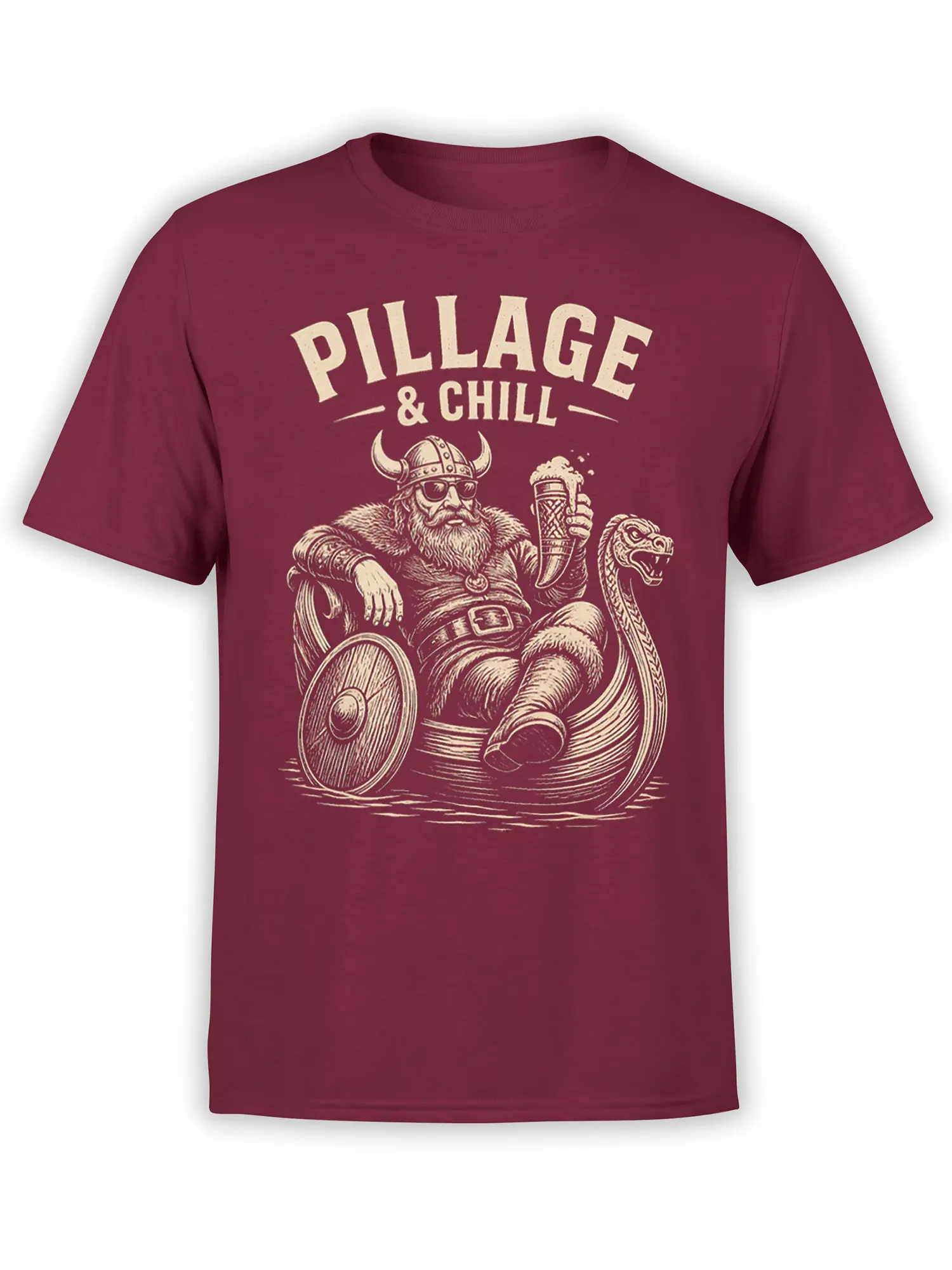 Burgundy Viking T-shirt with sunglasses, horned helmet, foaming drink, serpent, shield, and Pillage & Chill text