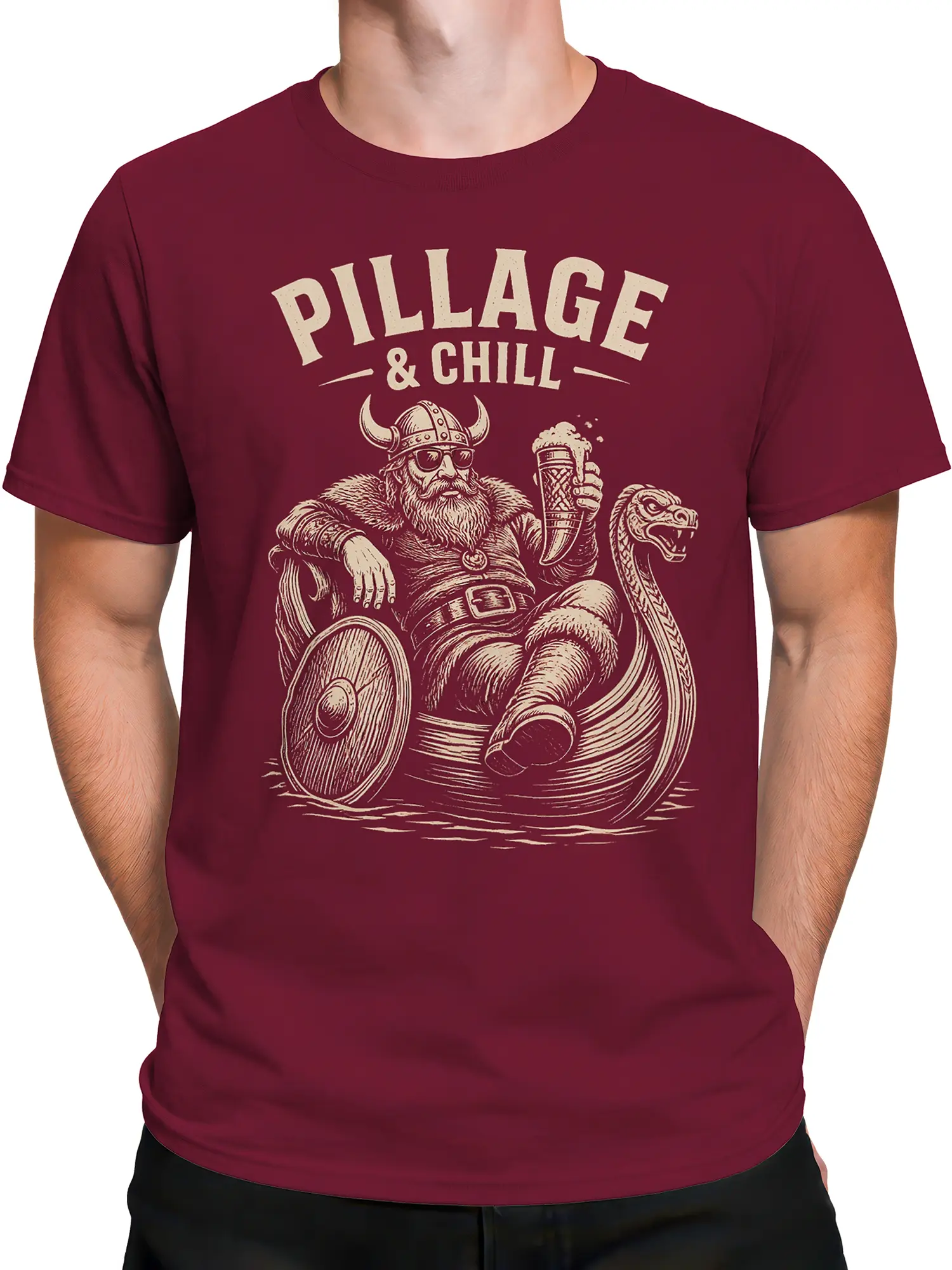 Male torso wearing a burgundy Viking T-shirt with sunglasses, foaming drink, serpent, shield, and slogan