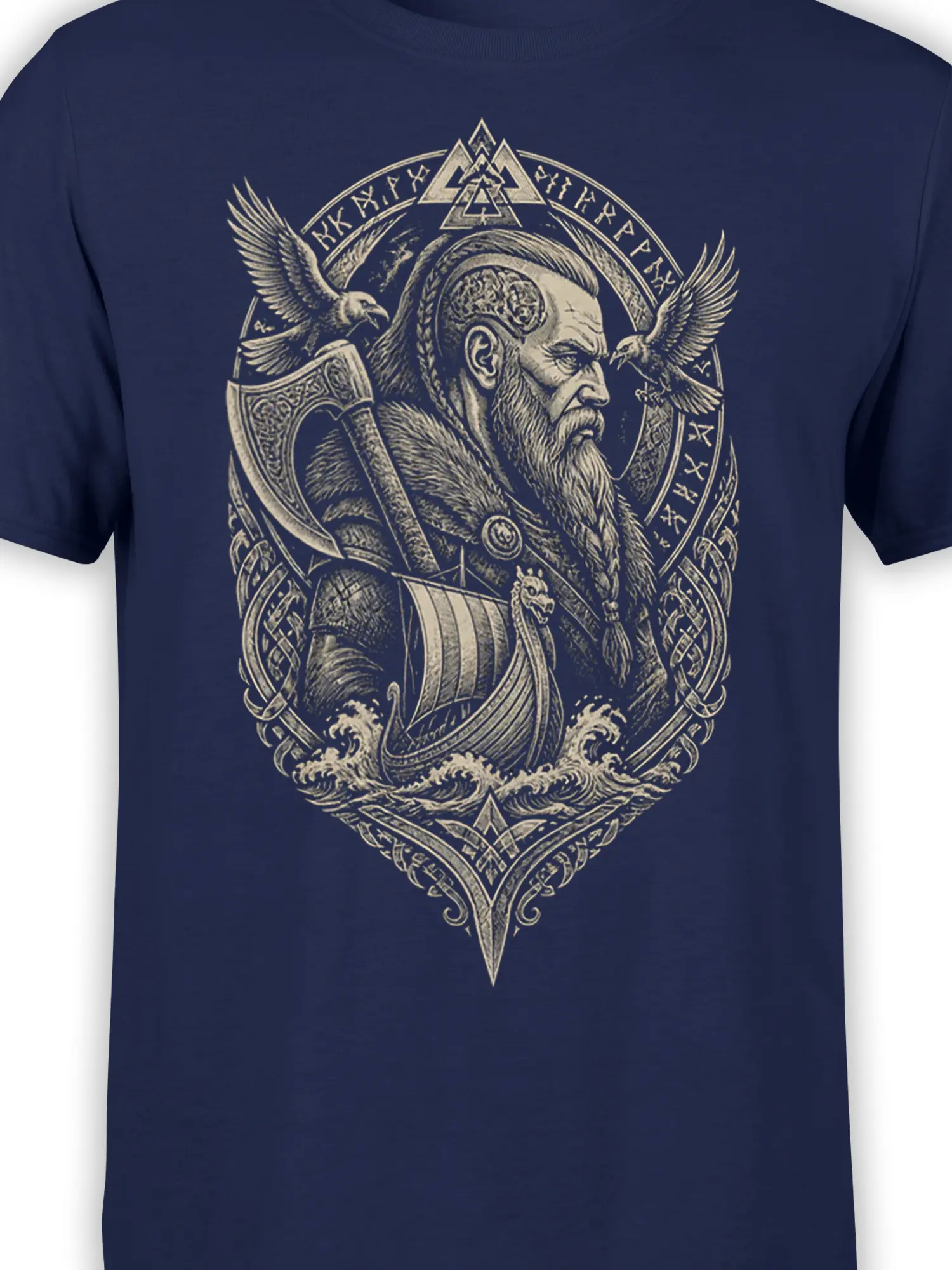 Close-up of Norse warrior artwork with ravens, runes, axe, and longship on navy fabric