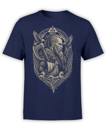 Norse warrior with ravens, battle axe, runes, and longship printed on a navy Viking T-shirt