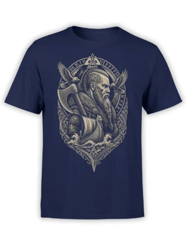 Norse warrior with ravens, battle axe, runes, and longship printed on a navy Viking T-shirt