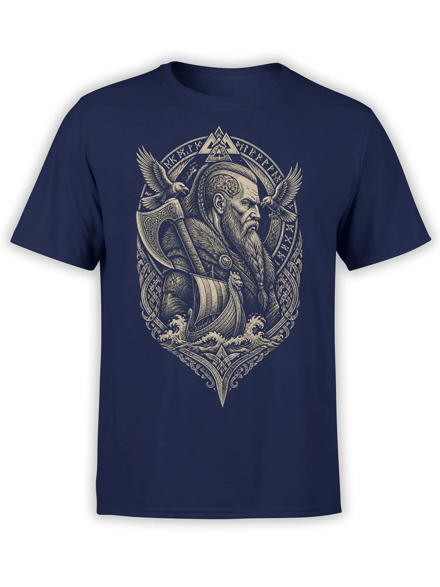 Norse warrior with ravens, battle axe, runes, and longship printed on a navy Viking T-shirt