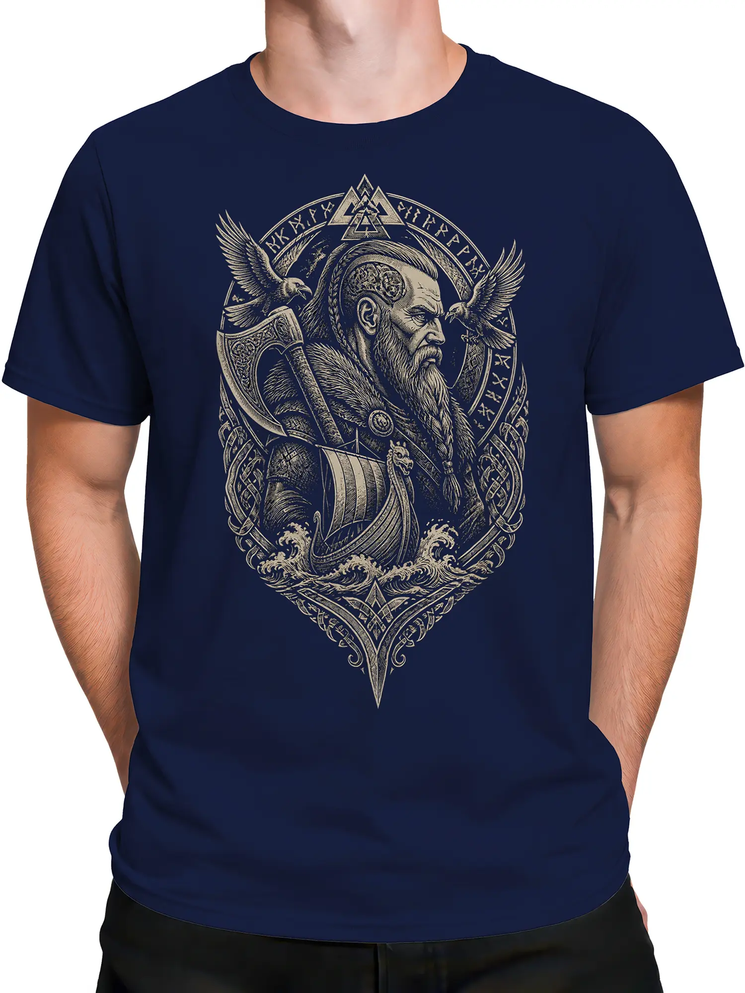 Male torso wearing a navy Viking shirt with Norse warrior and longship graphic