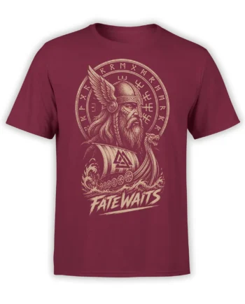 Burgundy T-shirt with a Viking warrior, rune symbols, dragon-headed ship, waves, and “Fate Awaits” artwork