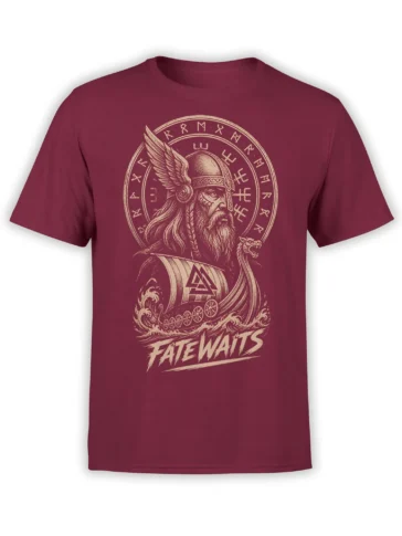 Burgundy T-shirt with a Viking warrior, rune symbols, dragon-headed ship, waves, and “Fate Awaits” artwork
