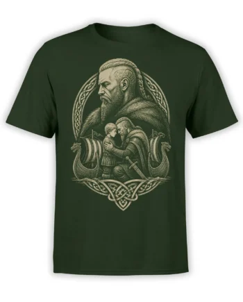 Dark green Viking T-shirt with a bearded father and child, longships, swords, shields, and Nordic knotwork