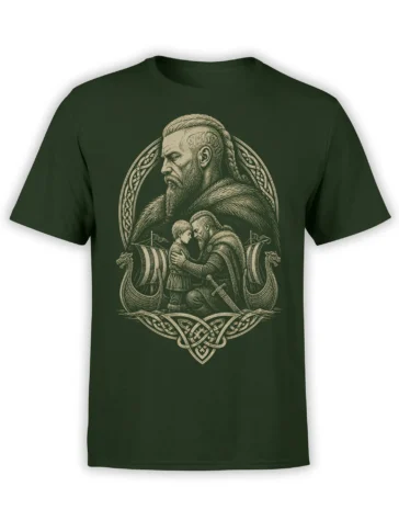 Dark green Viking T-shirt with a bearded father and child, longships, swords, shields, and Nordic knotwork