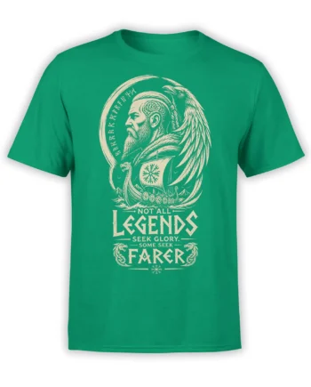 Green Viking T-shirt with cream warrior portrait, raven, longship, runes, and legend artwork