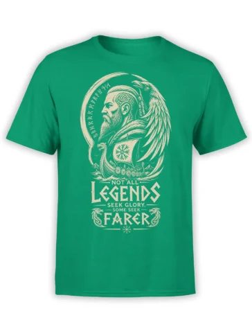 Green Viking T-shirt with cream warrior portrait, raven, longship, runes, and legend artwork