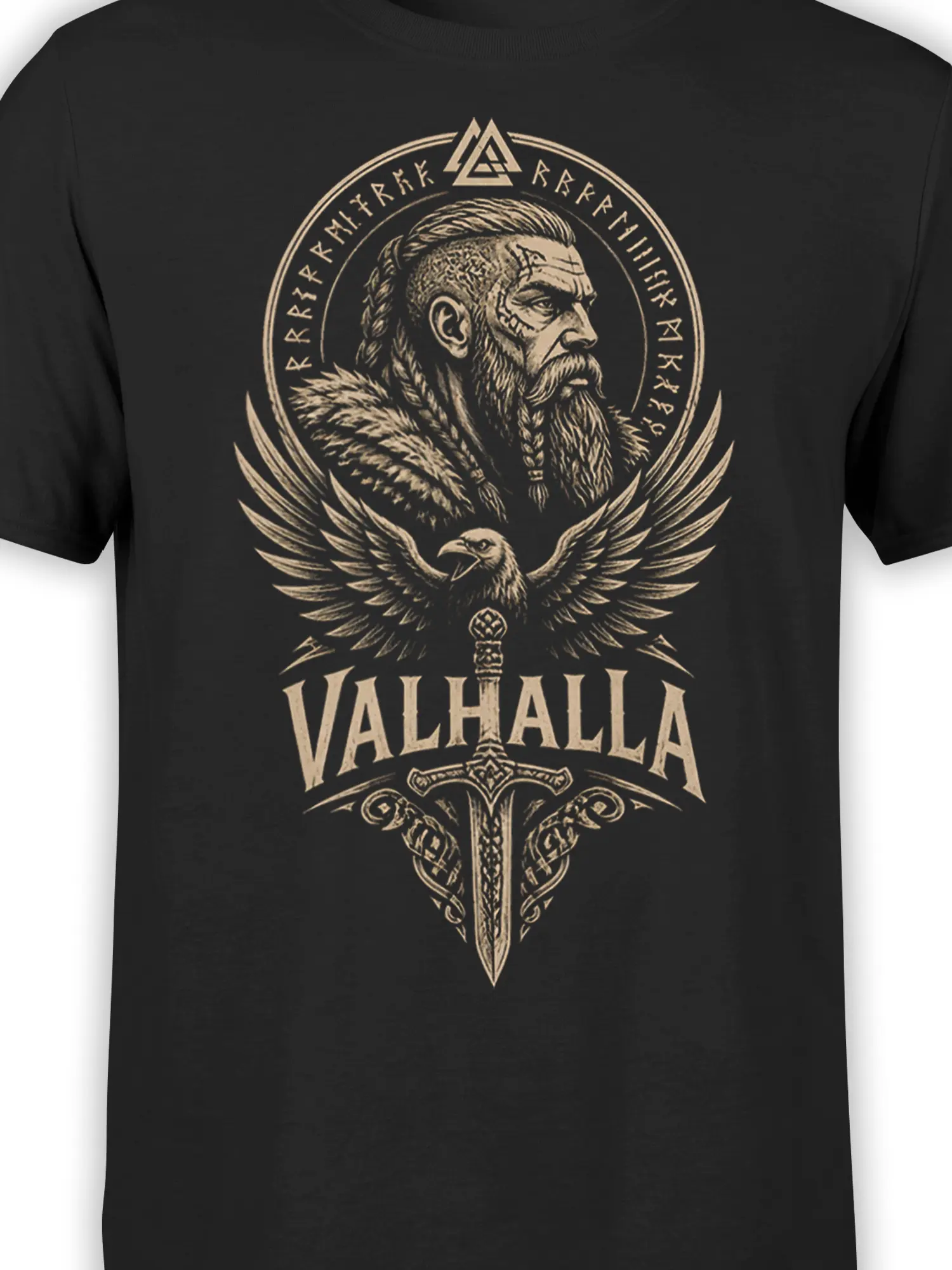 Close-up of black Valhalla shirt artwork with Norse warrior, eagle wings, runes, and sword details