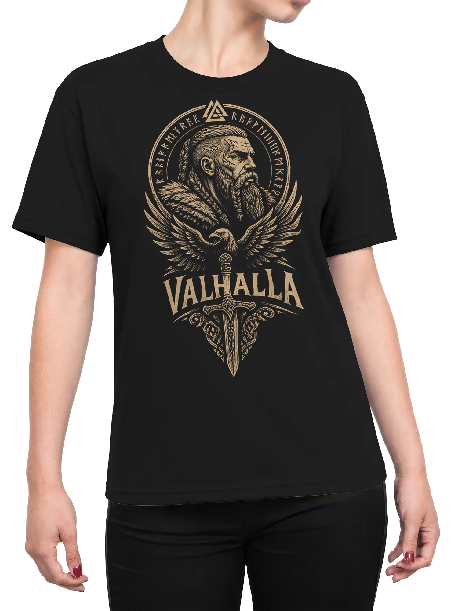 Female torso wearing a black Valhalla T-shirt with Norse warrior and eagle artwork