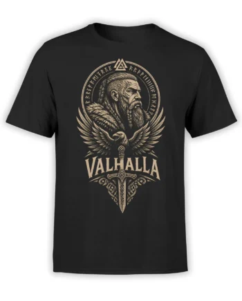 Black Valhalla T-shirt with a bearded Norse warrior, spread-winged eagle, runes, and ornate sword