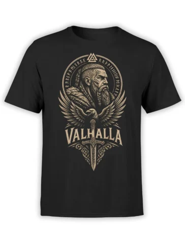 Black Valhalla T-shirt with a bearded Norse warrior, spread-winged eagle, runes, and ornate sword