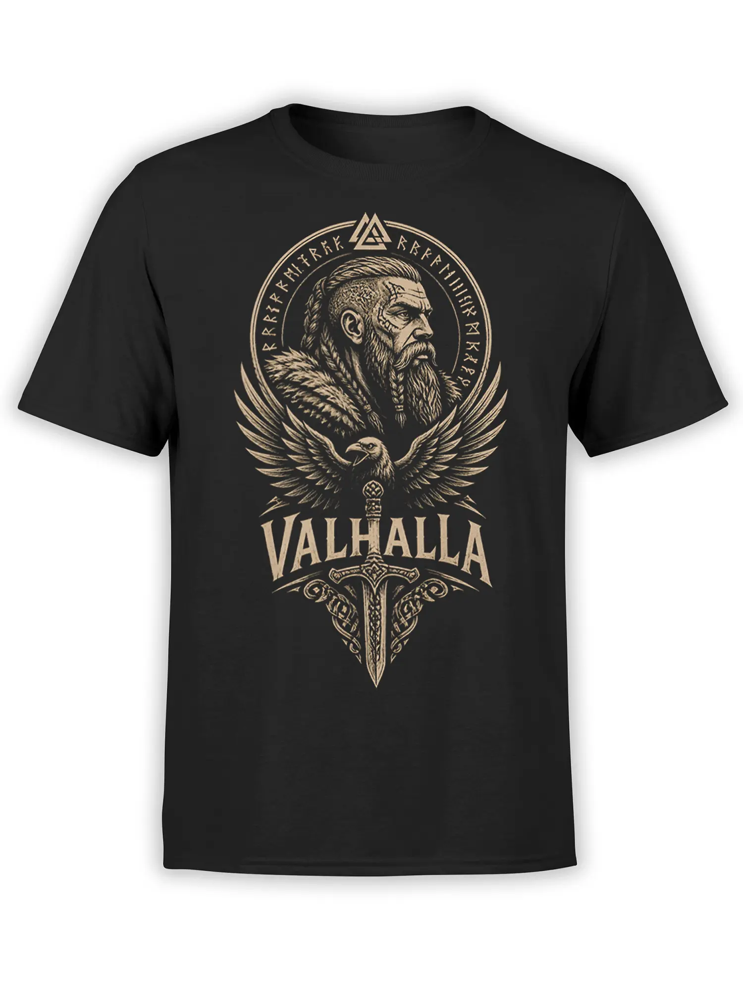 Black Valhalla T-shirt with a bearded Norse warrior, spread-winged eagle, runes, and ornate sword