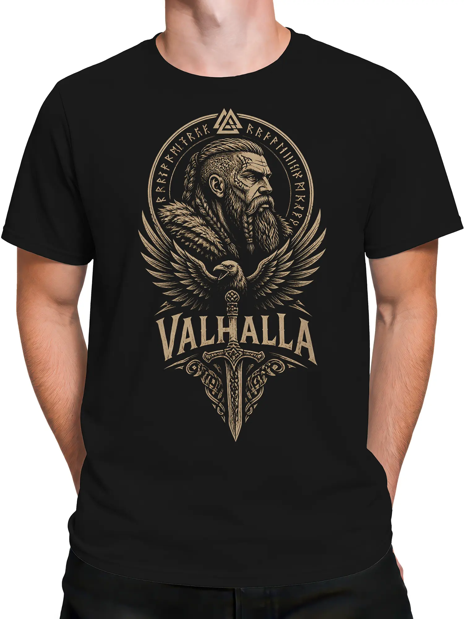 Male torso wearing a black Valhalla T-shirt with Norse warrior, eagle, and sword design