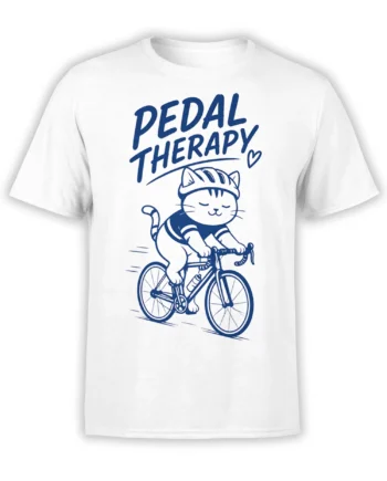 White T-shirt with blue Pedal Therapy lettering and a striped cat riding a bicycle