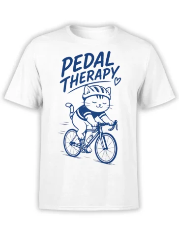 White T-shirt with blue Pedal Therapy lettering and a striped cat riding a bicycle