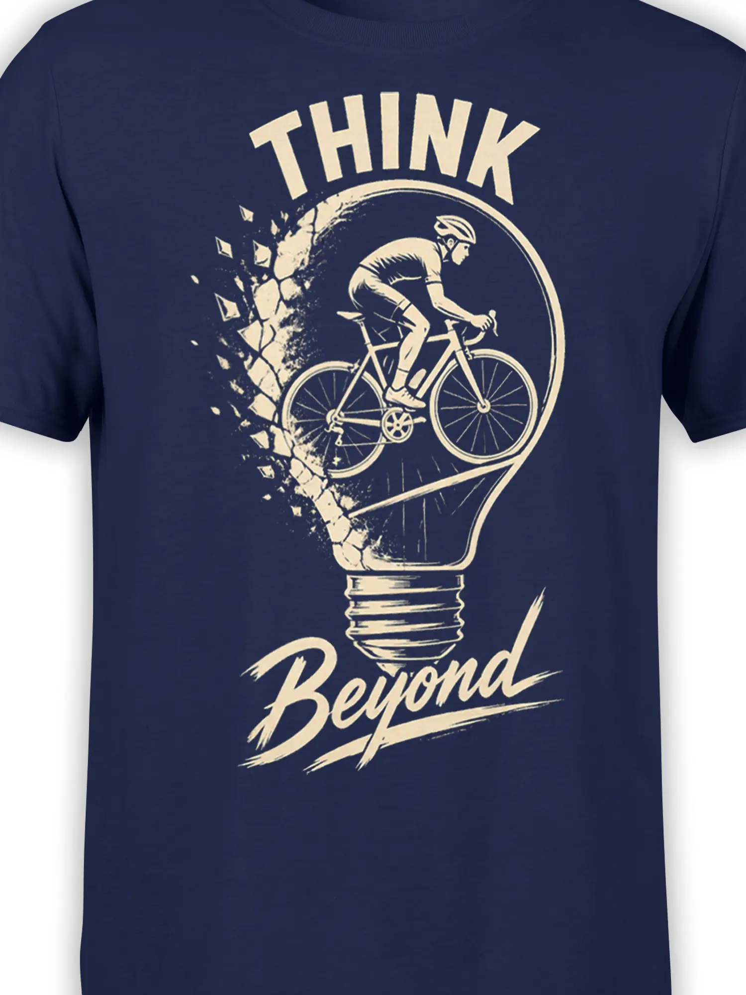 Close-up of cream cyclist and cracked light bulb design on a navy cycling T-shirt