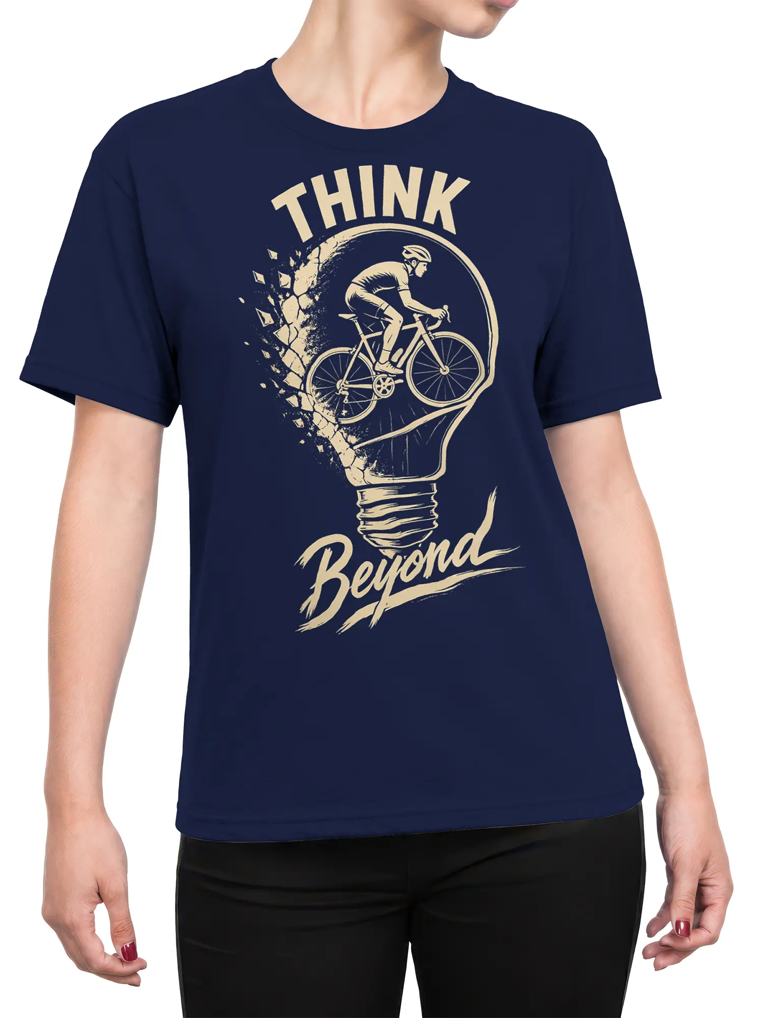 Female torso wearing a navy T-shirt with a cyclist, light bulb, and THINK Beyond design