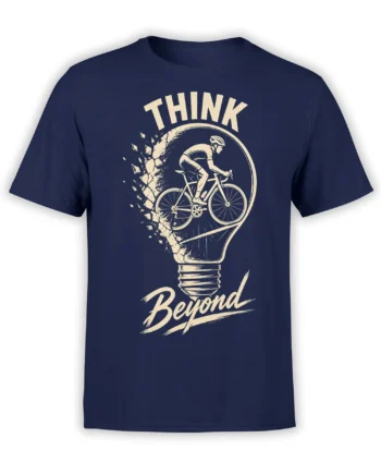 Navy cycling T-shirt with cream cyclist breaking through a light bulb and THINK Beyond lettering
