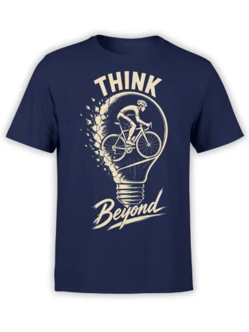 Navy cycling T-shirt with cream cyclist breaking through a light bulb and THINK Beyond lettering