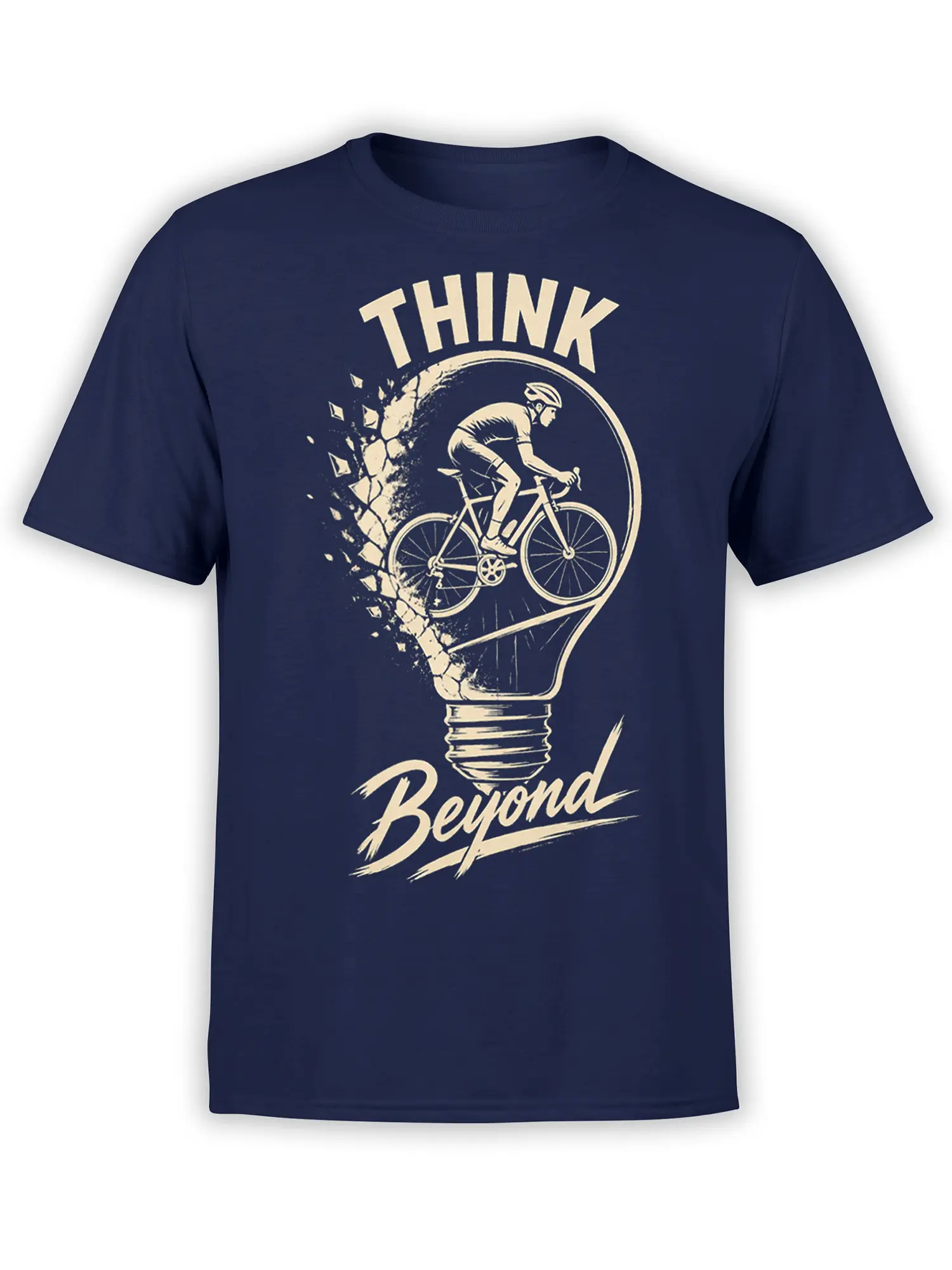 Navy cycling T-shirt with cream cyclist breaking through a light bulb and THINK Beyond lettering