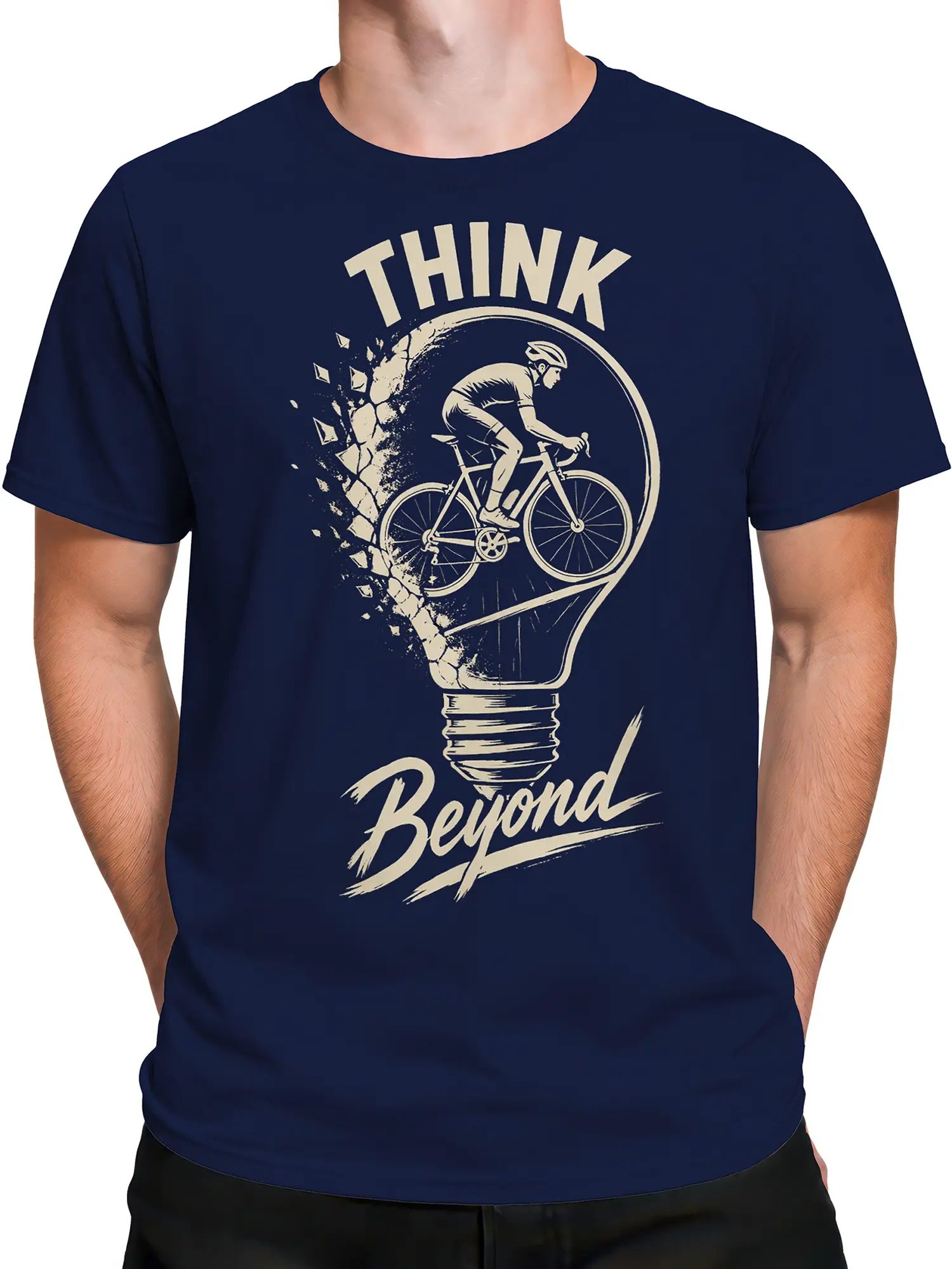 Male torso wearing a navy cycling T-shirt with cream THINK Beyond artwork