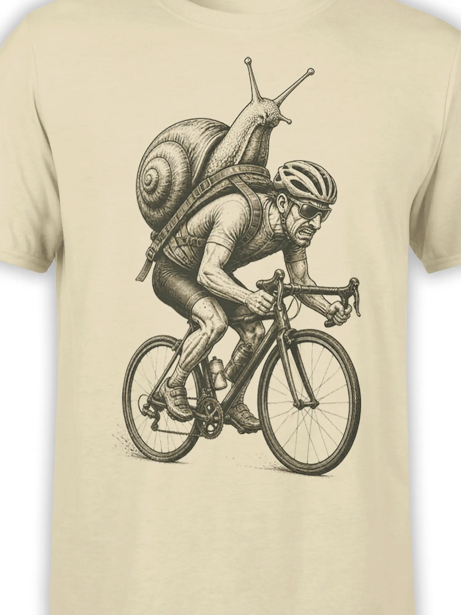 Close-up of the surreal snail cyclist design with shell, helmet, bicycle, and engraved-style line details