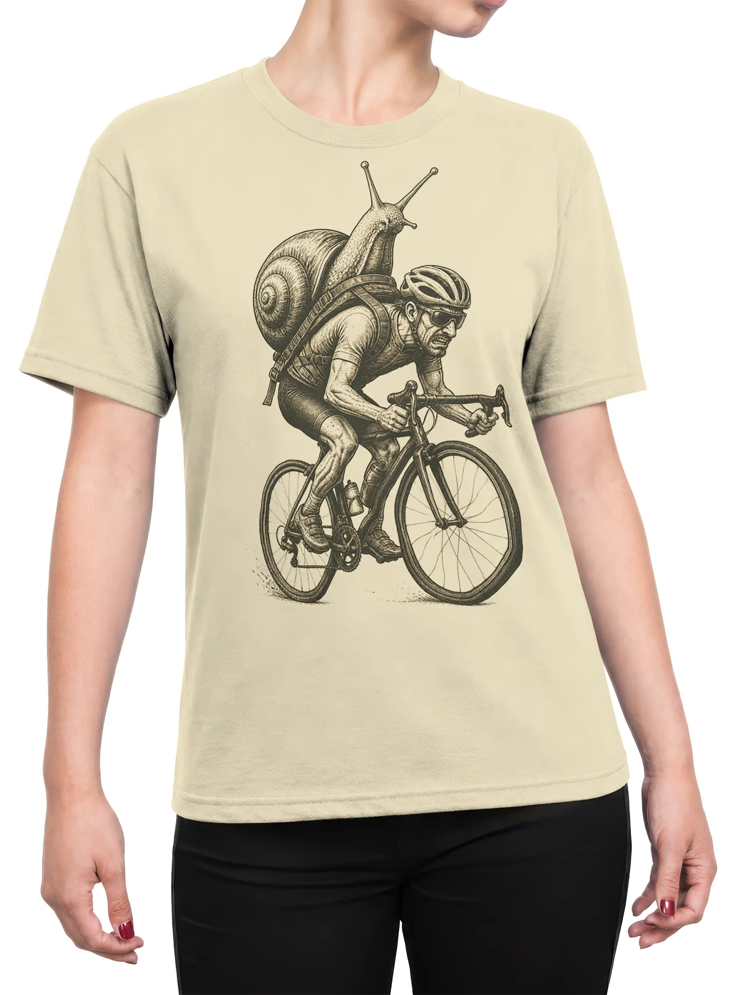 Female torso wearing a beige T-shirt with a surreal snail cyclist and giant shell graphic in vintage line art