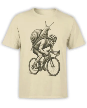 Beige T-shirt with vintage line art of a cyclist carrying a giant snail shell on a road bicycle