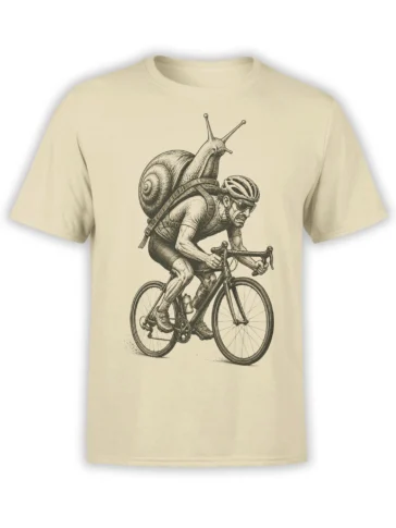 Beige T-shirt with vintage line art of a cyclist carrying a giant snail shell on a road bicycle