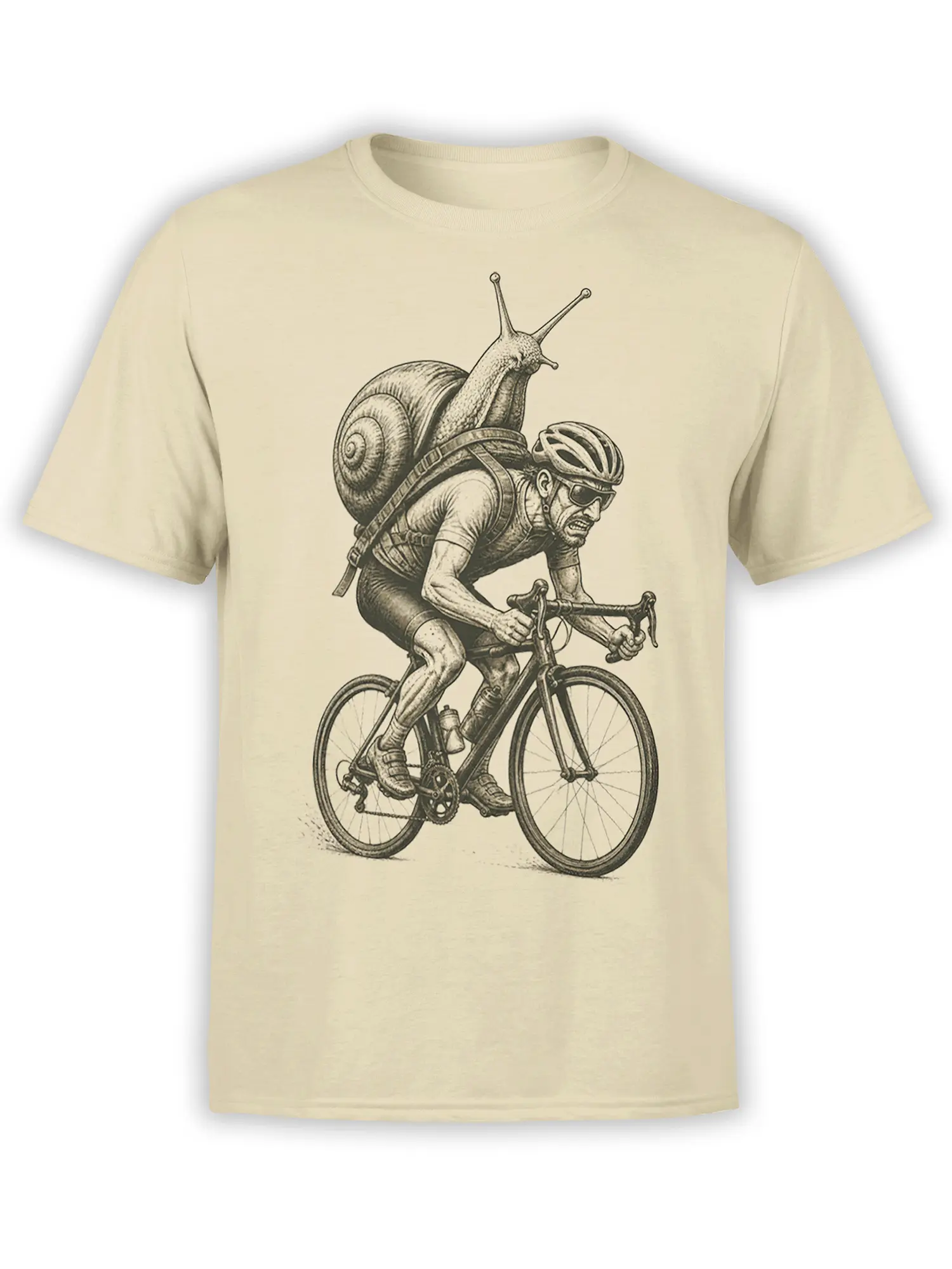 Beige T-shirt with vintage line art of a cyclist carrying a giant snail shell on a road bicycle