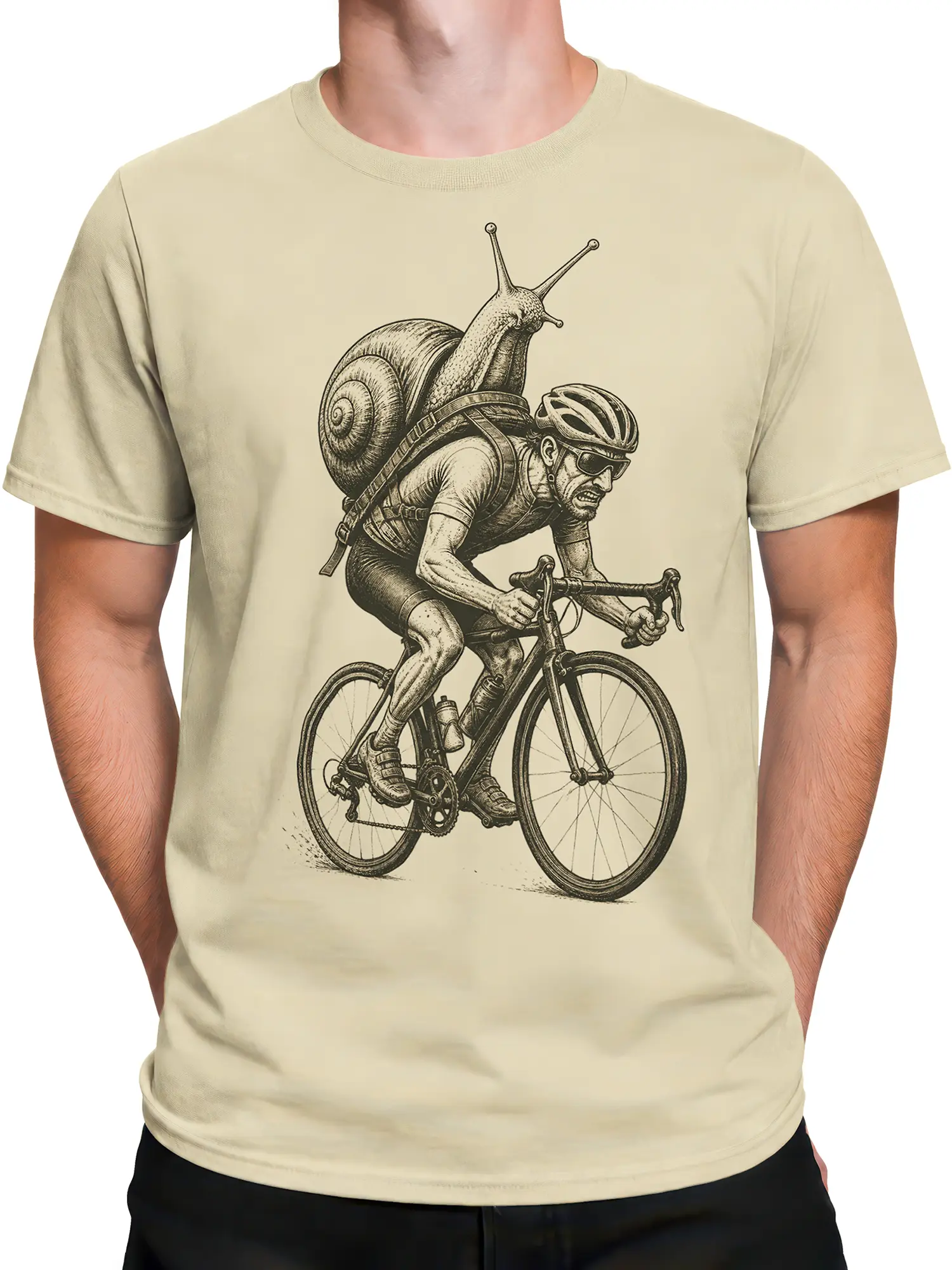 Male torso wearing a beige T-shirt with a cyclist carrying a giant snail shell on a road bicycle