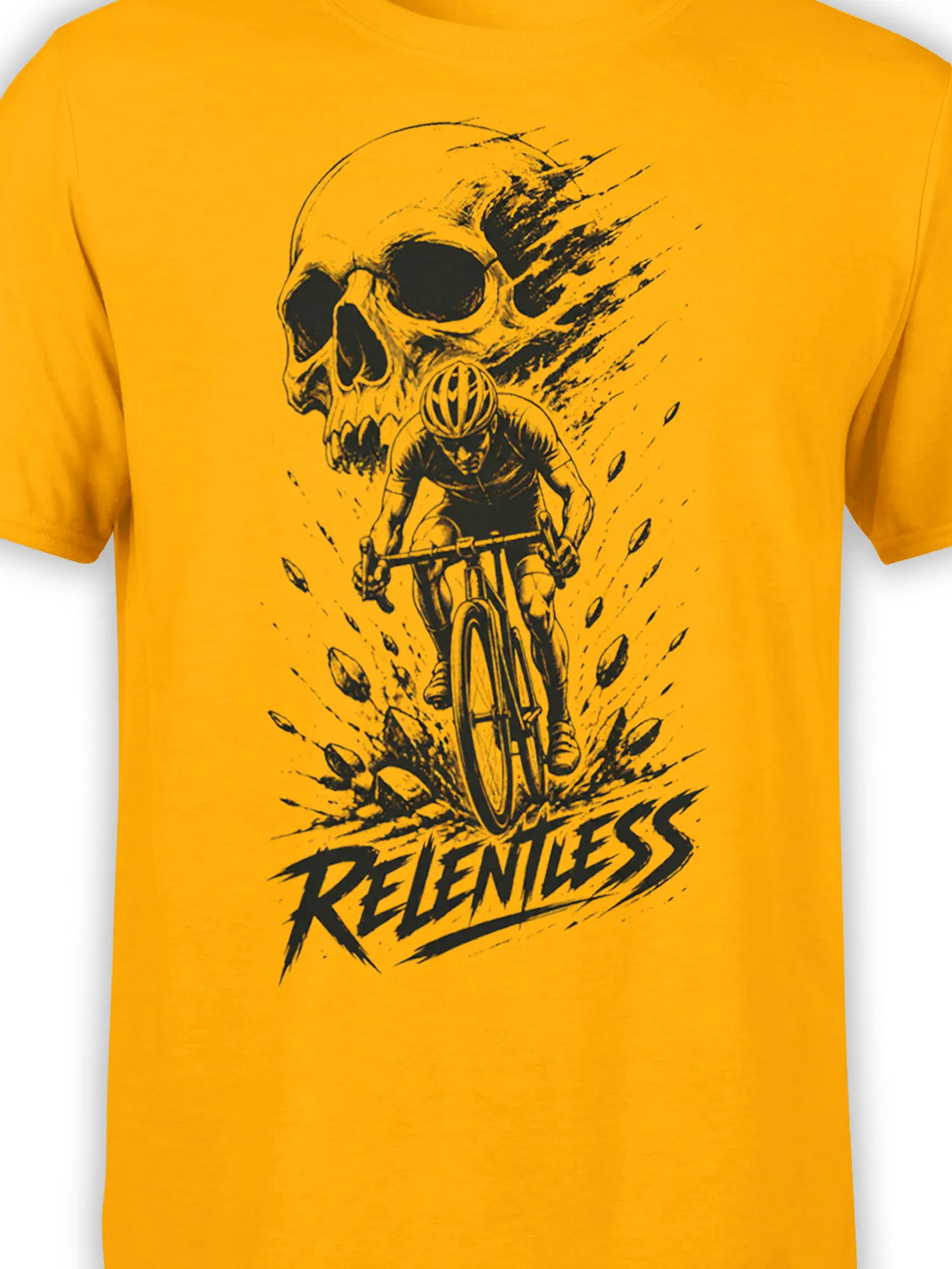 Close-up of the black skull and cyclist artwork on a yellow cycling T-shirt with RELENTLESS lettering