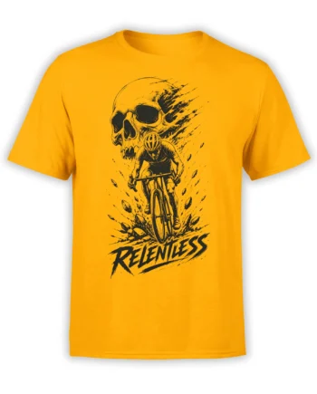 Yellow cycling T-shirt with black cyclist riding through rocks beneath a large skull and RELENTLESS text
